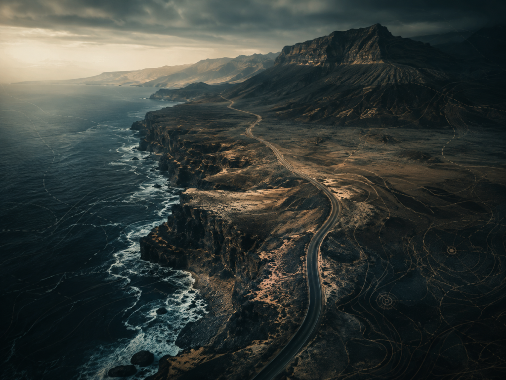 A winding coastal road through a rugged mountainous landscape with subtle topographic map overlays.