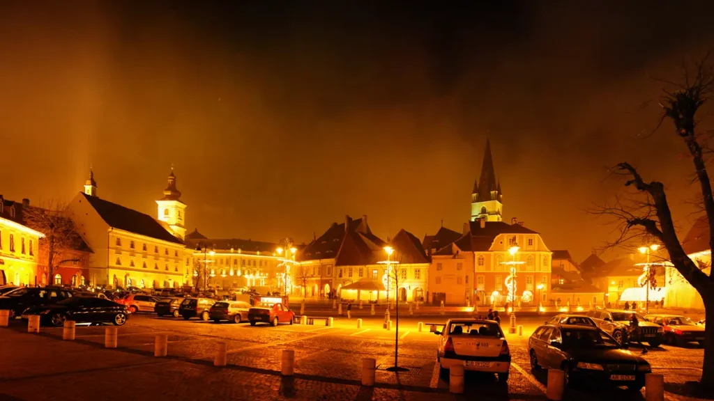 Sibiu's Small Square and medieval fortifications at dusk.
