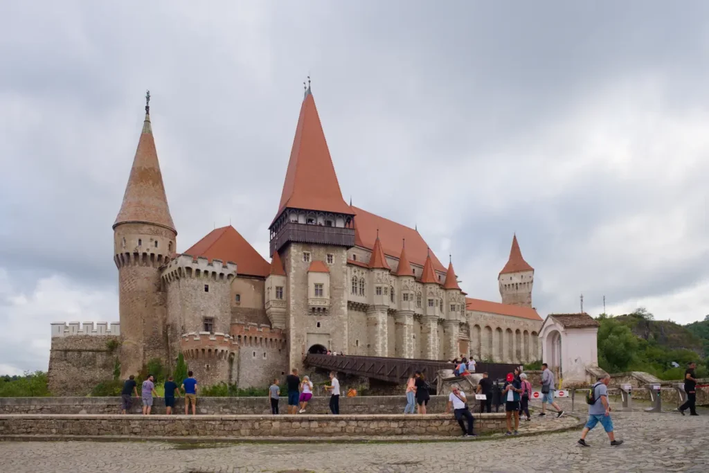 Corvin Castle and its long entrance bridge in Hunedoara, Romania.