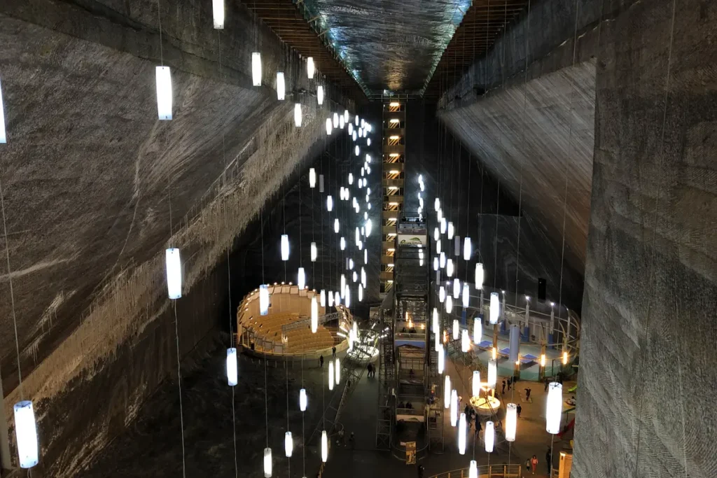 Rudolf Mine inside Salina Turda, seen from above with its illuminated visitor platforms and central staircase.