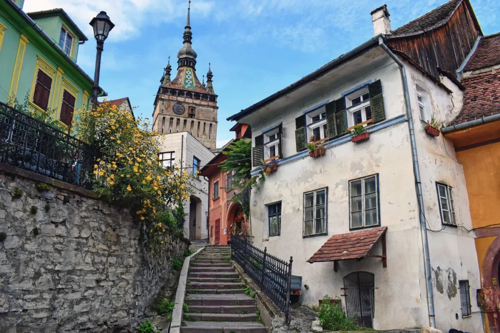 The Clock Tower rising above the historic citadel of Sighișoara, Romania.