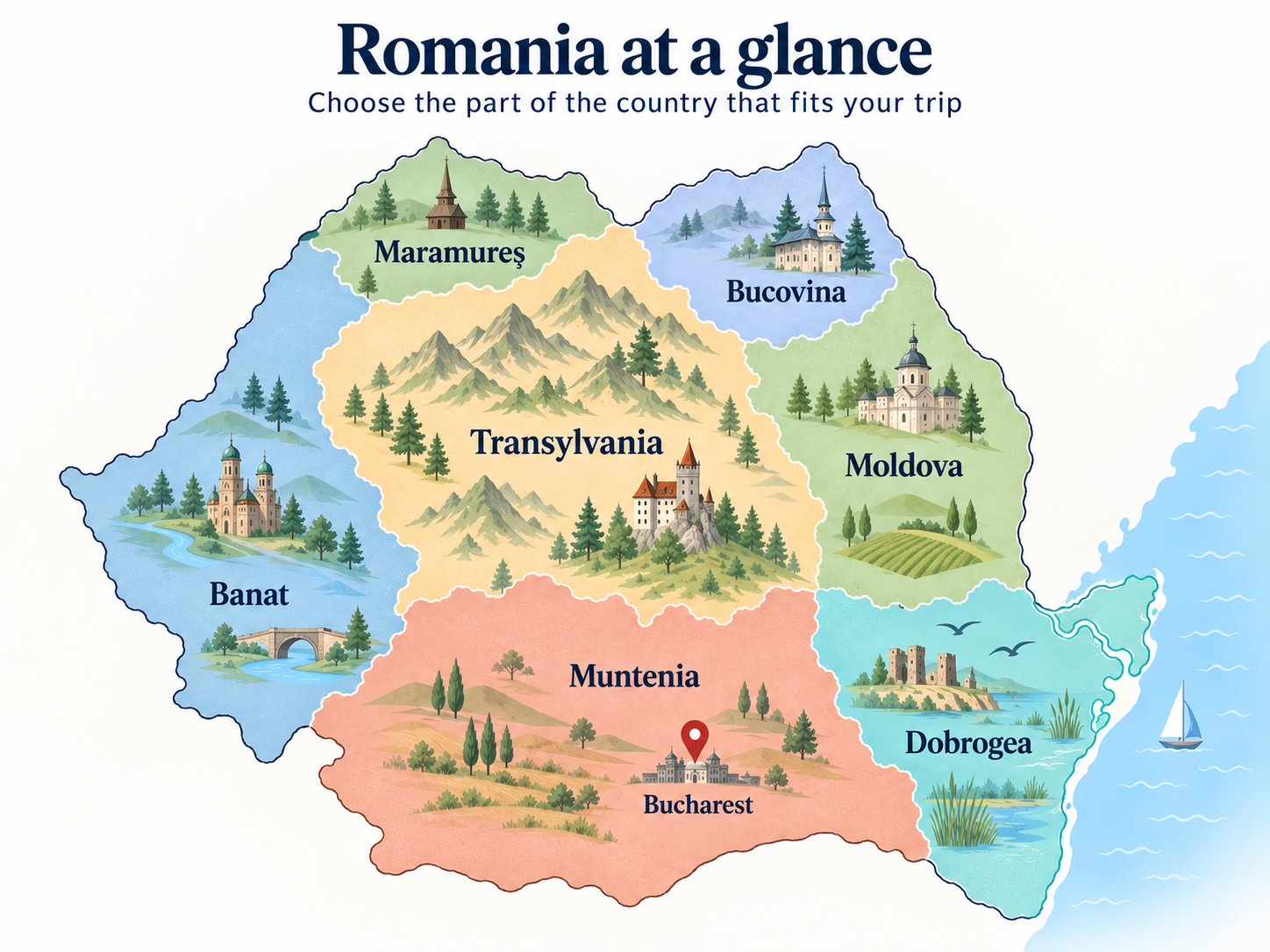 Illustrated map of Romania showing Banat, Maramureș, Transylvania, Bucovina, Moldova, Muntenia and Dobrogea, with the Carpathians and Bucharest marked.